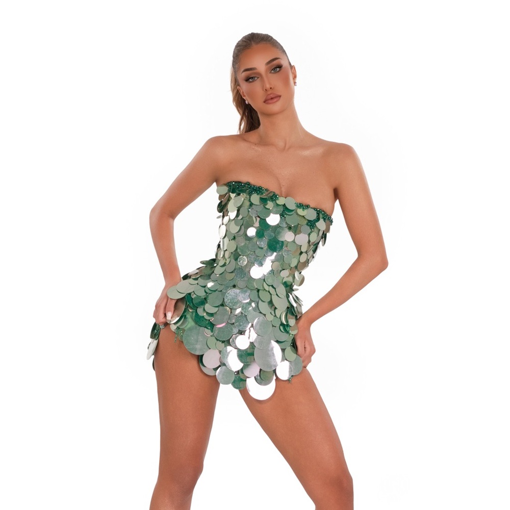 Albina Dyla Mint Spark Green and Silver Sequin Strapless Dress